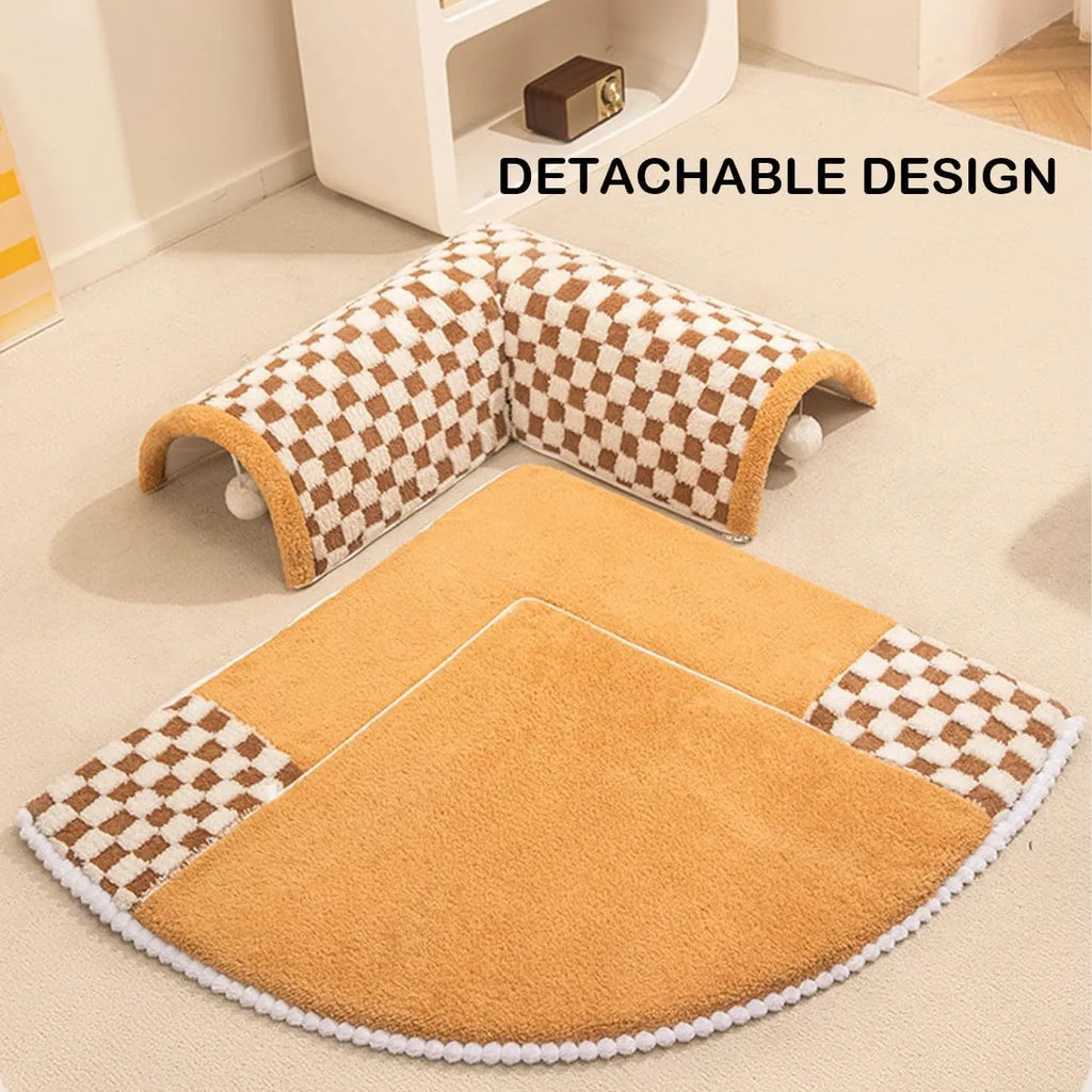 Fan-shaped plush pet bed with integrated tunnel for cats and small dogs in a plaid pattern.