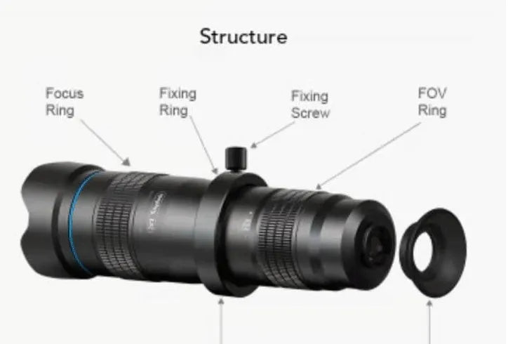Black 36x optical zoom monocular lens attached to smartphone on adjustable tripod for outdoor photography