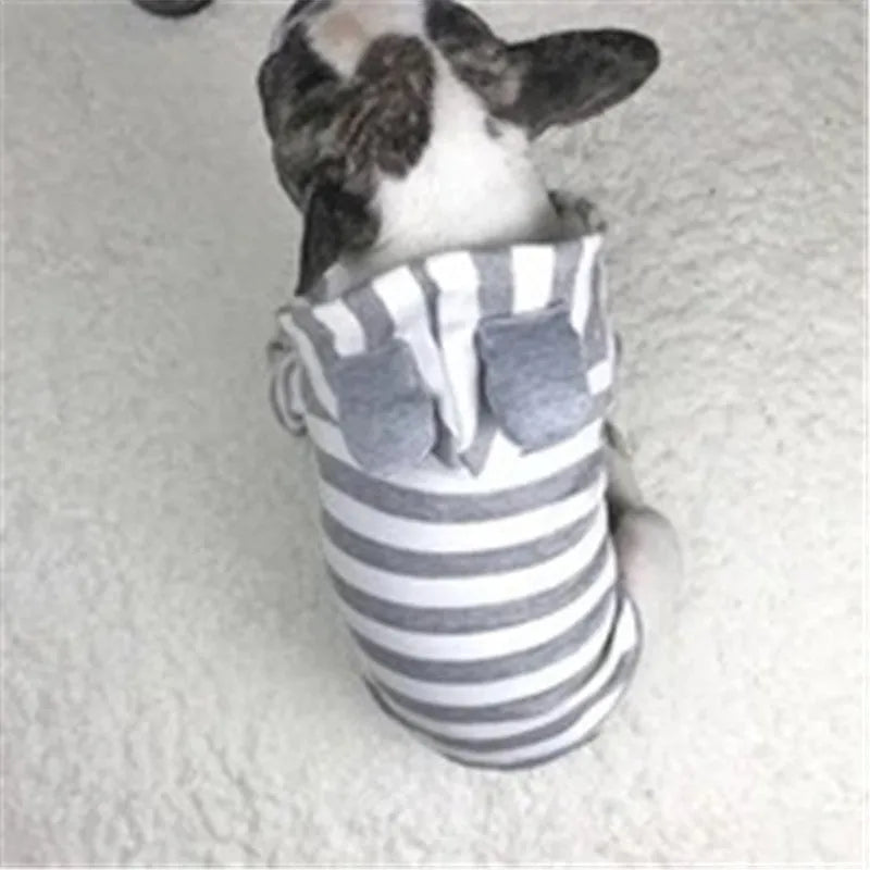 Grey striped cotton sweater for small dogs and cats, pullover design, available in multiple sizes