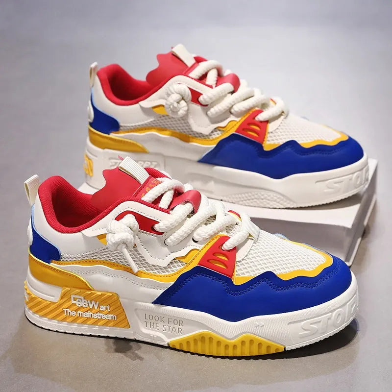 Men's low-top board shoes with soft rubber soles in beige, white and black, and white and yellow colour options