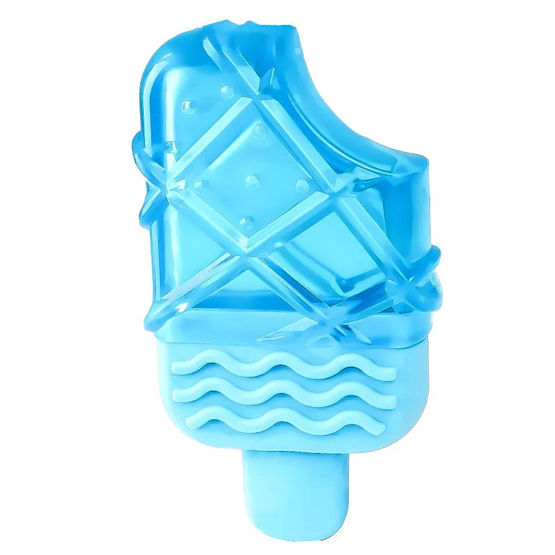 Set of three water-filled ice dog toys: a pacifier, a popsicle, and a ring cooling chew toy