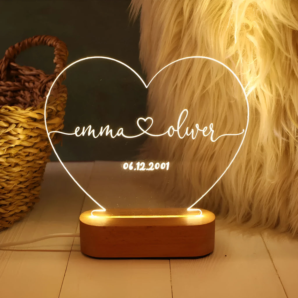 Custom acrylic LED night light with personalised names and dates, 20cm tall modern design