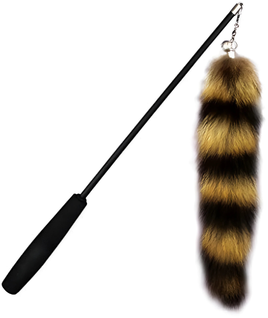 Black cat toy wand with 42cm handle, elastic string, and feather attachment for interactive play
