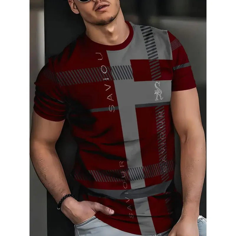 Men's loose fit casual T-shirt with digital 3D printed stripe pattern, short sleeves, polyester fabric