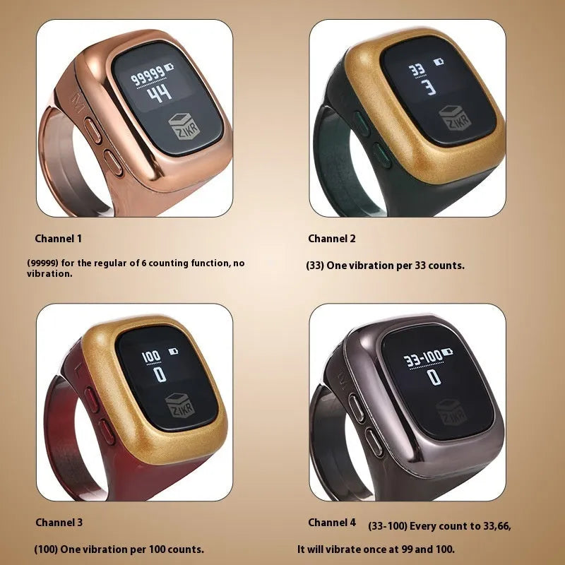 Al-Fatiha Zikr electronic counter with digital display on a wrist strap, shown in multiple colour options.