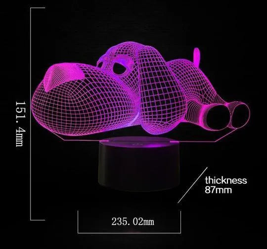 3D illusion dog desktop lamp showing colour changing options including red, green, blue, yellow, cyan, purple, and white