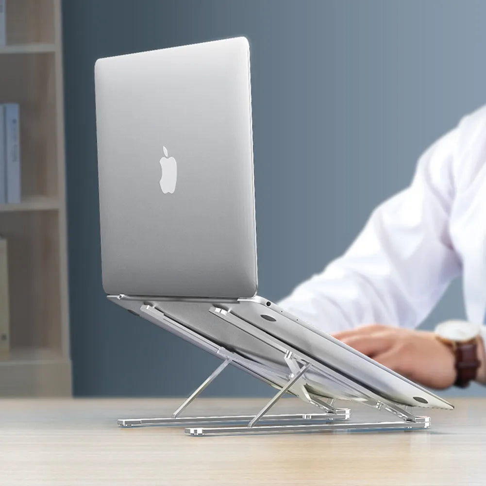 Aluminium laptop stand folded and unfolded showing adjustable height mechanism in silver finish