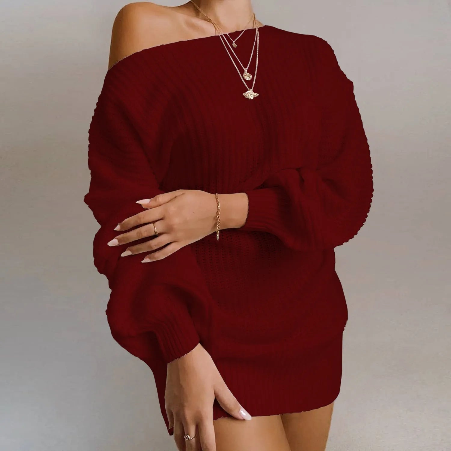 Women's off-shoulder knitted dress with lantern sleeves in solid colour options