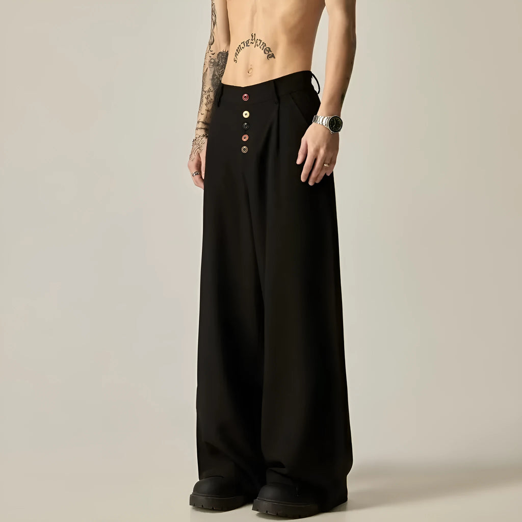 Men's black wide-leg casual trousers with straight cut and button fly detail