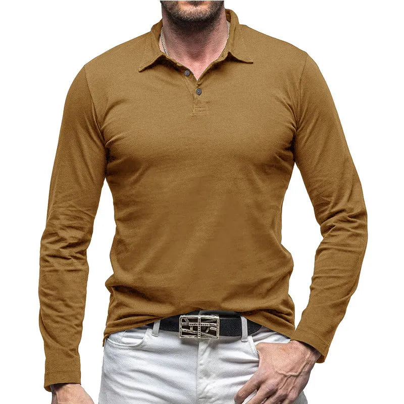 Men's dark gray cotton polo collar long sleeve t-shirt in American Retro style