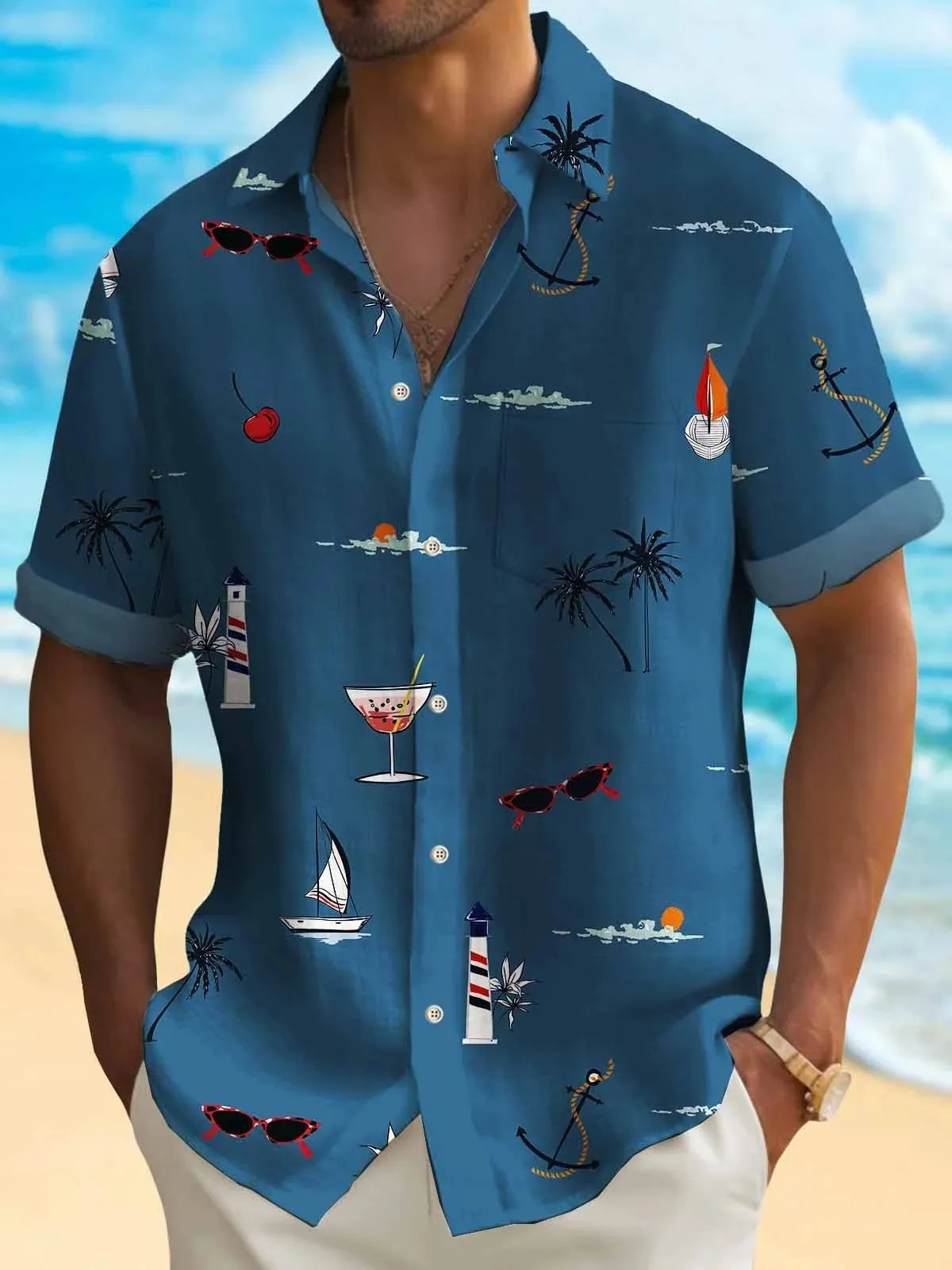 Man wearing a loose fit short sleeve shirt with a colourful digital Hawaiian print pattern.