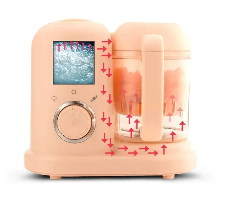 Baby food processor with steamer and blender functions in green or pink, showing dual mixing blades