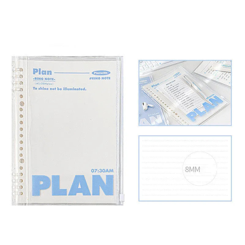 Blue and white A5 PVC spiral notebook showing spiral binding and water-resistant cover.