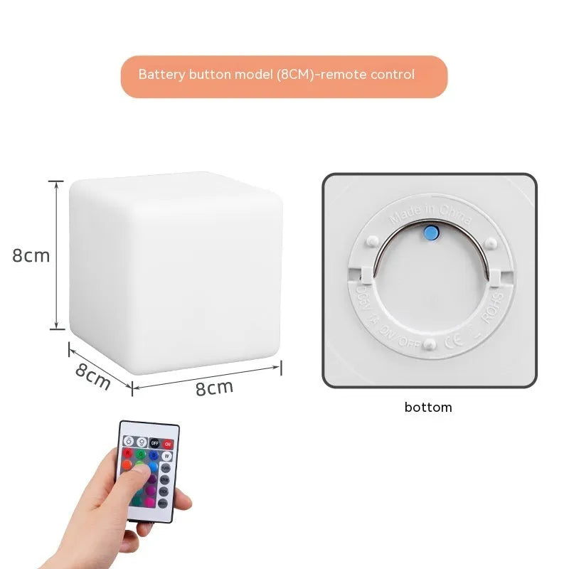 Small square seven-colour LED night light in European style, shown in 60mm and 80mm sizes.