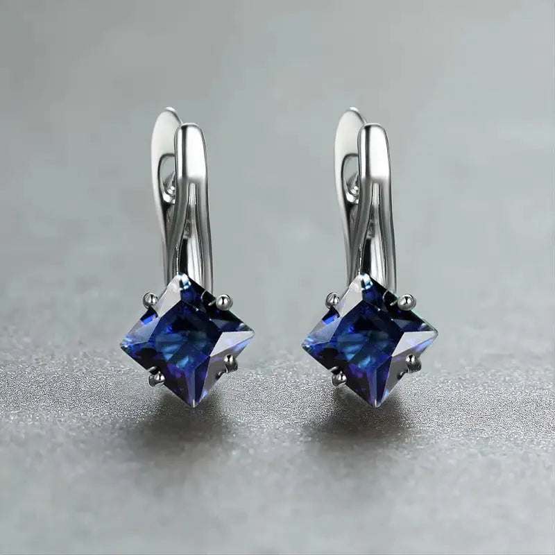Women's copper diamond design earrings with inlaid zircon in blue, green and colour tone options
