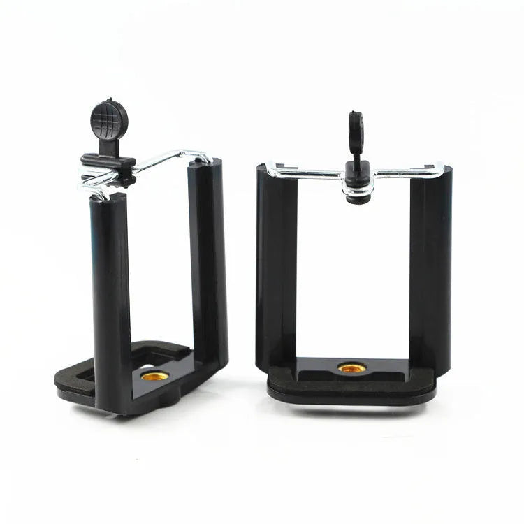 Black plastic U-clip mobile phone holder designed for mounting on cylindrical objects like hoses or poles.