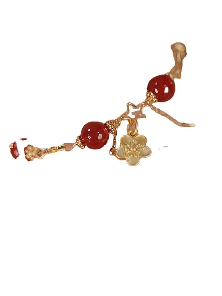 Red agate double-layer women's bracelet with hand-carved peach blossom floral design