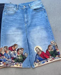 Men's blue cotton tapered shorts with Jesus printed back pocket detail