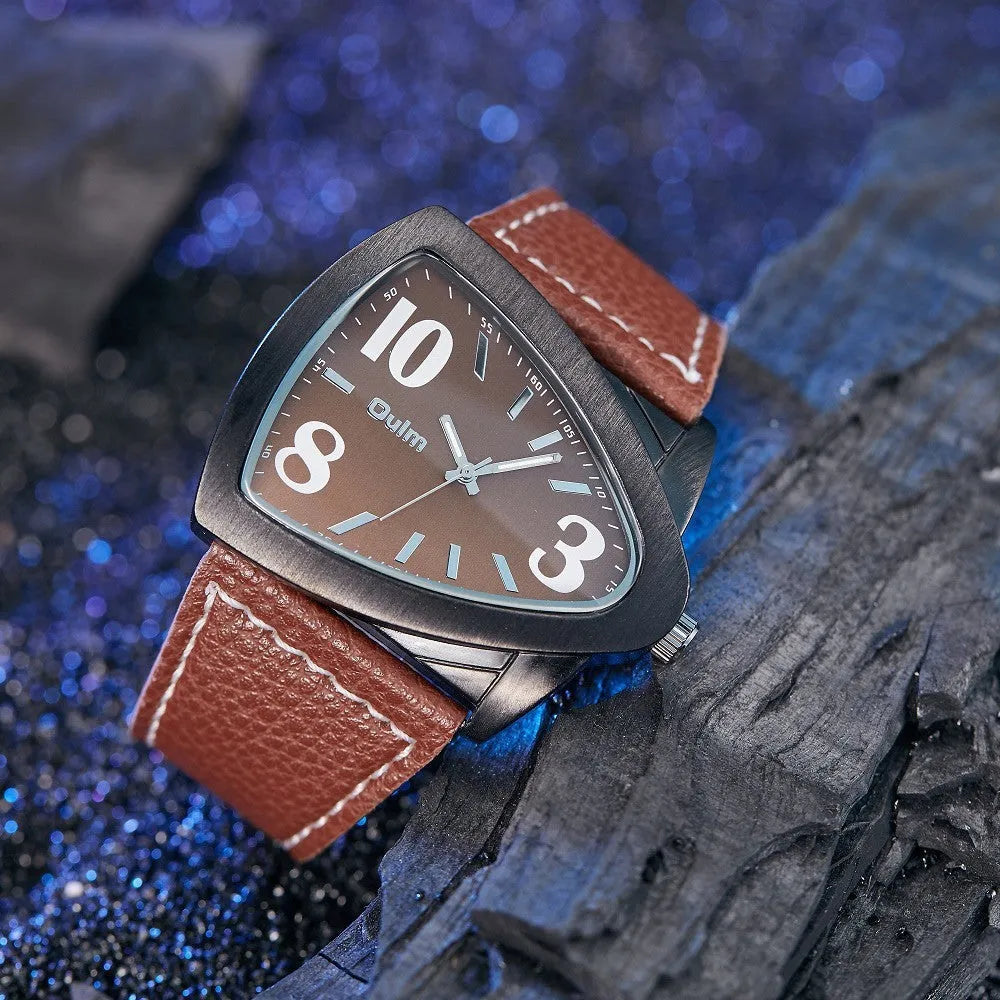 Men's casual triangle pattern leather strap quartz watch with 9mm slim profile