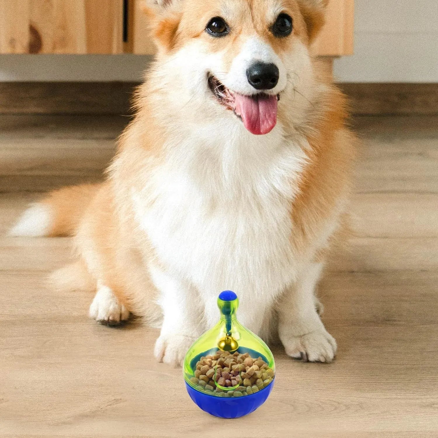Blue tumbler-shaped pet treat dispenser toy for small and medium dogs and cats