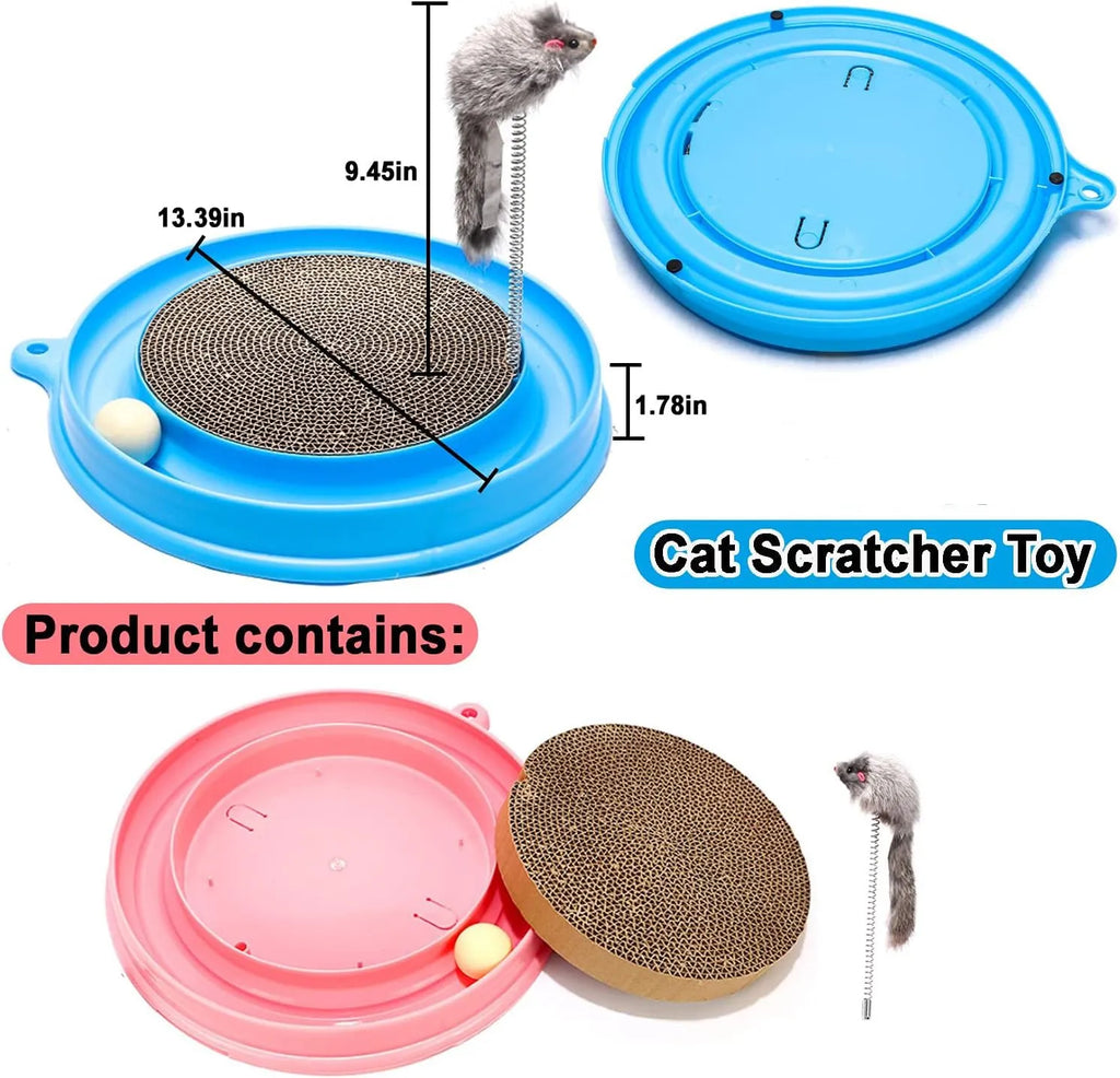 Blue interactive cat scratcher toy with round corrugated cardboard pad and rolling ball in track.