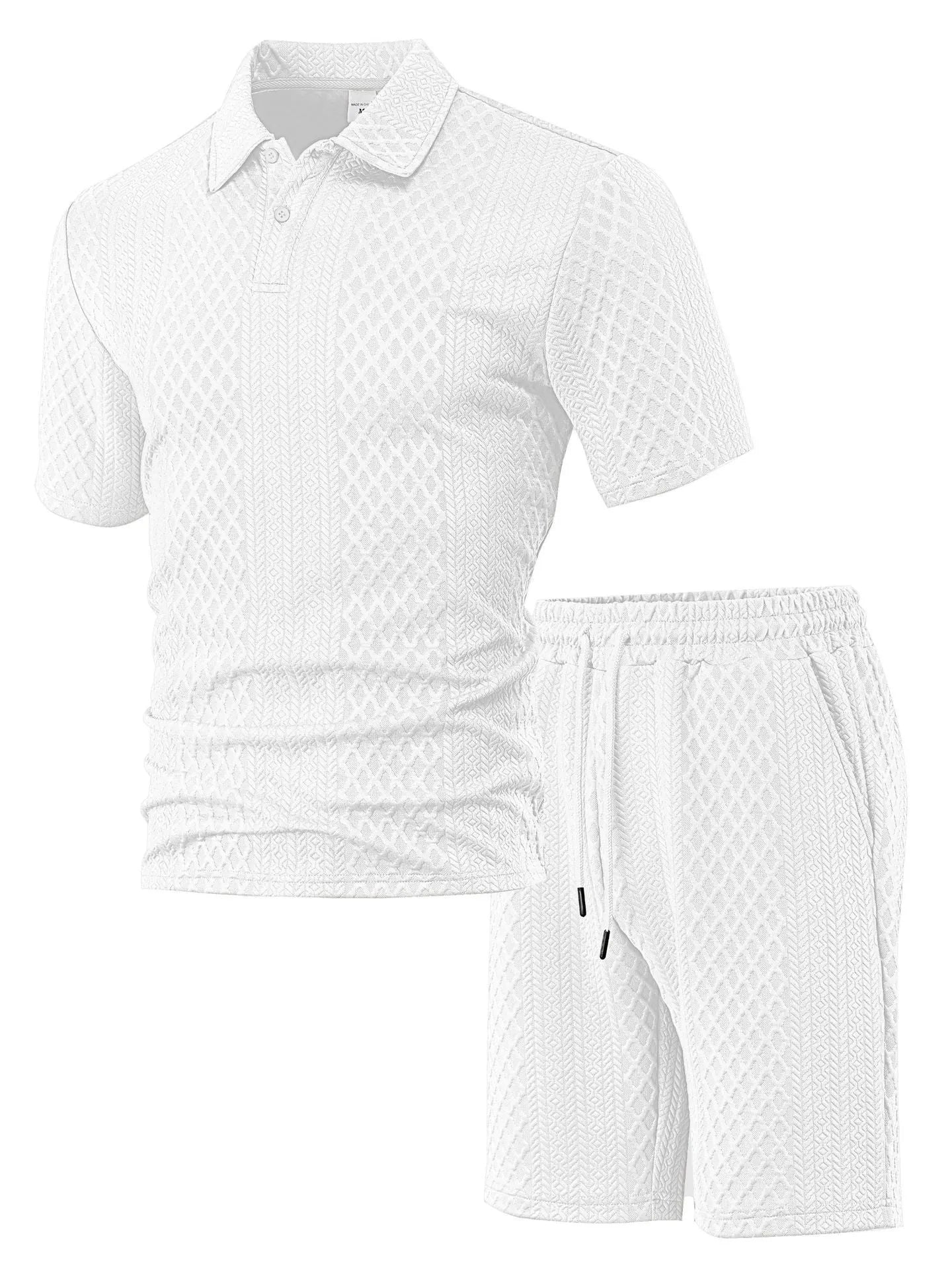 Men's figured cloth casual suit set with short sleeve polo shirt and matching trousers in multiple colour options