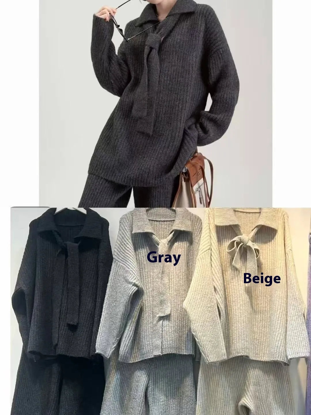 Sweater suit two-piece set featuring knit top and casual trousers in imitation cashmere fabric