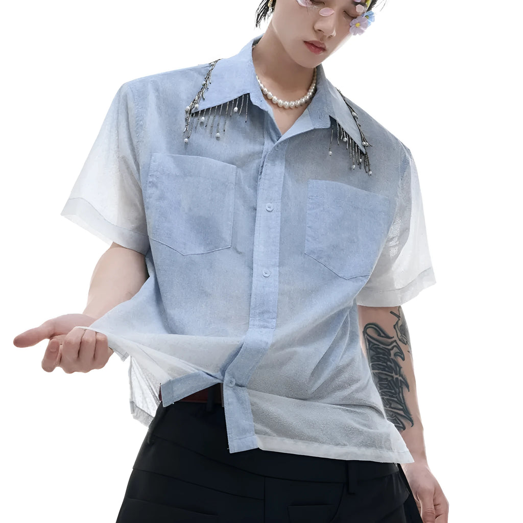 Blue and white gradient men's loose fit short sleeve shirt with quilted texture