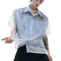 Blue and white gradient men's loose fit short sleeve shirt with quilted texture