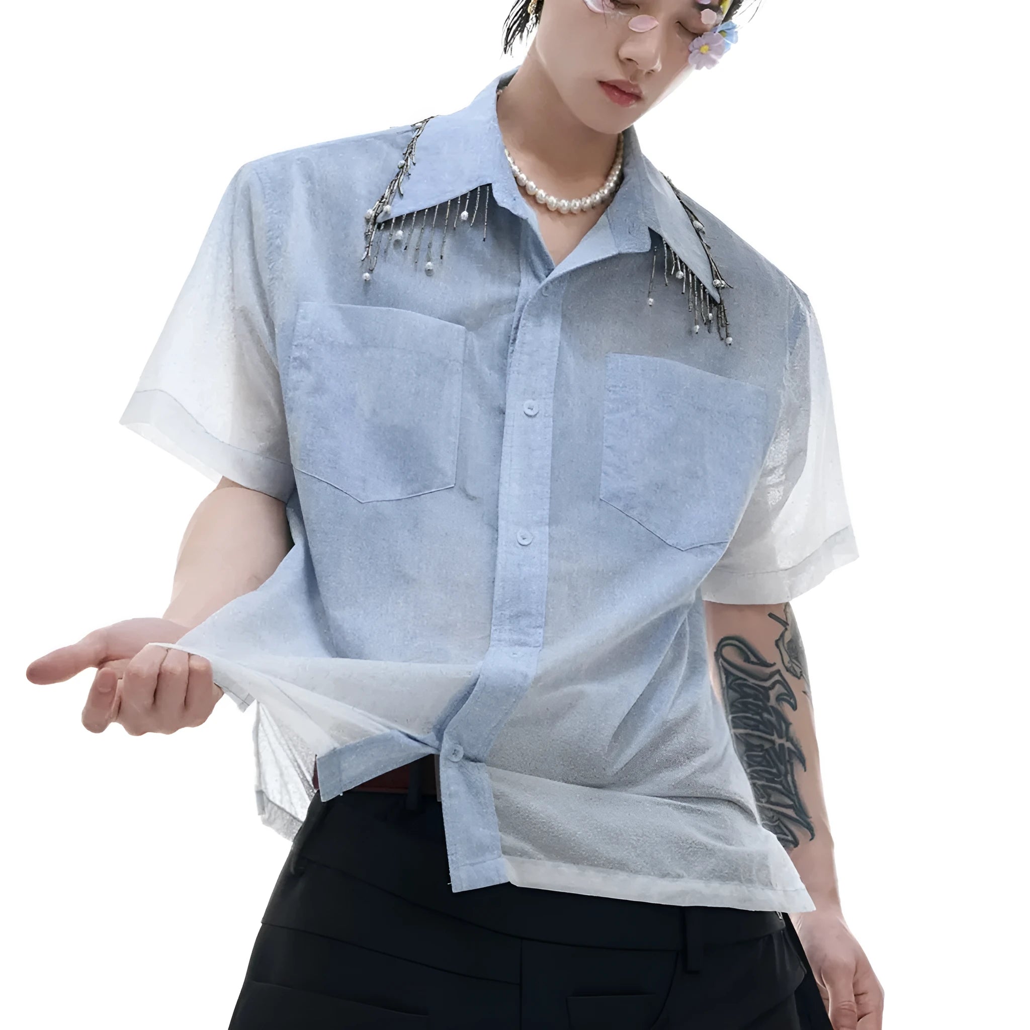 Blue and white gradient men's loose fit short sleeve shirt with quilted texture