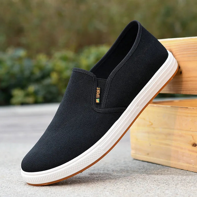 Men's black and blue slip-on canvas cloth shoes with round toe and shallow mouth design
