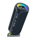 Black and blue fabric wireless Bluetooth speaker with LED lighting and control buttons