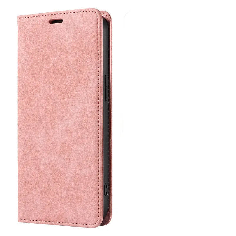 Magnetic flip phone case in leather-style design for iPhone, shown in a solid colour.