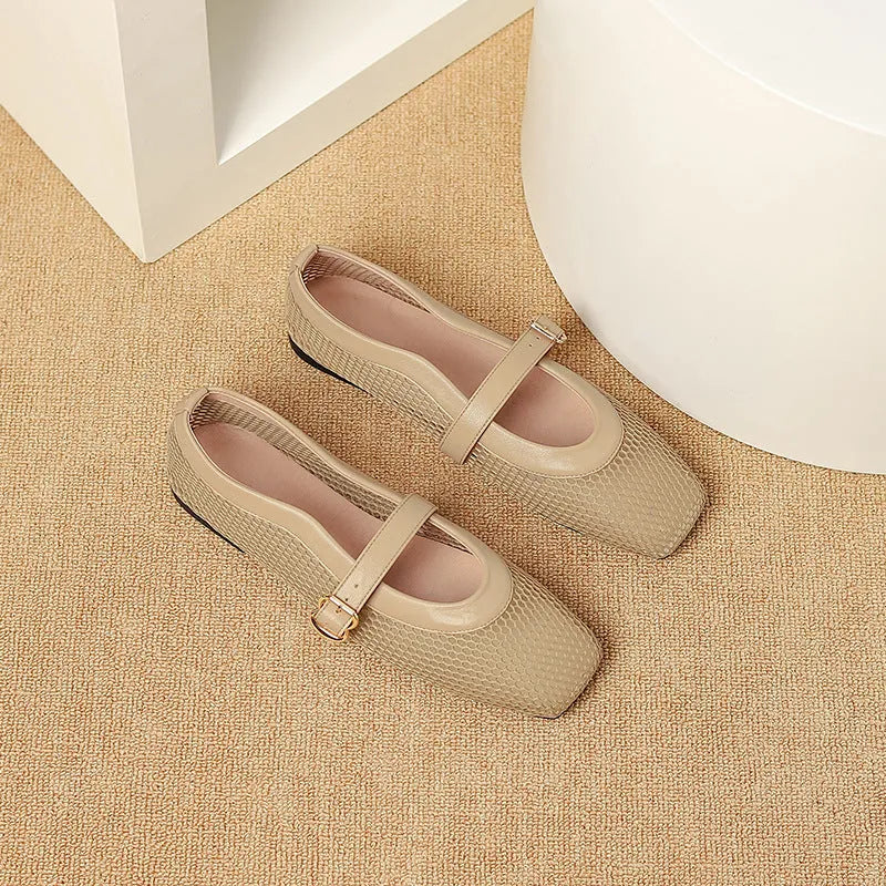 Women's breathable mesh hollow out pumps with buckle fastening and low flat heel