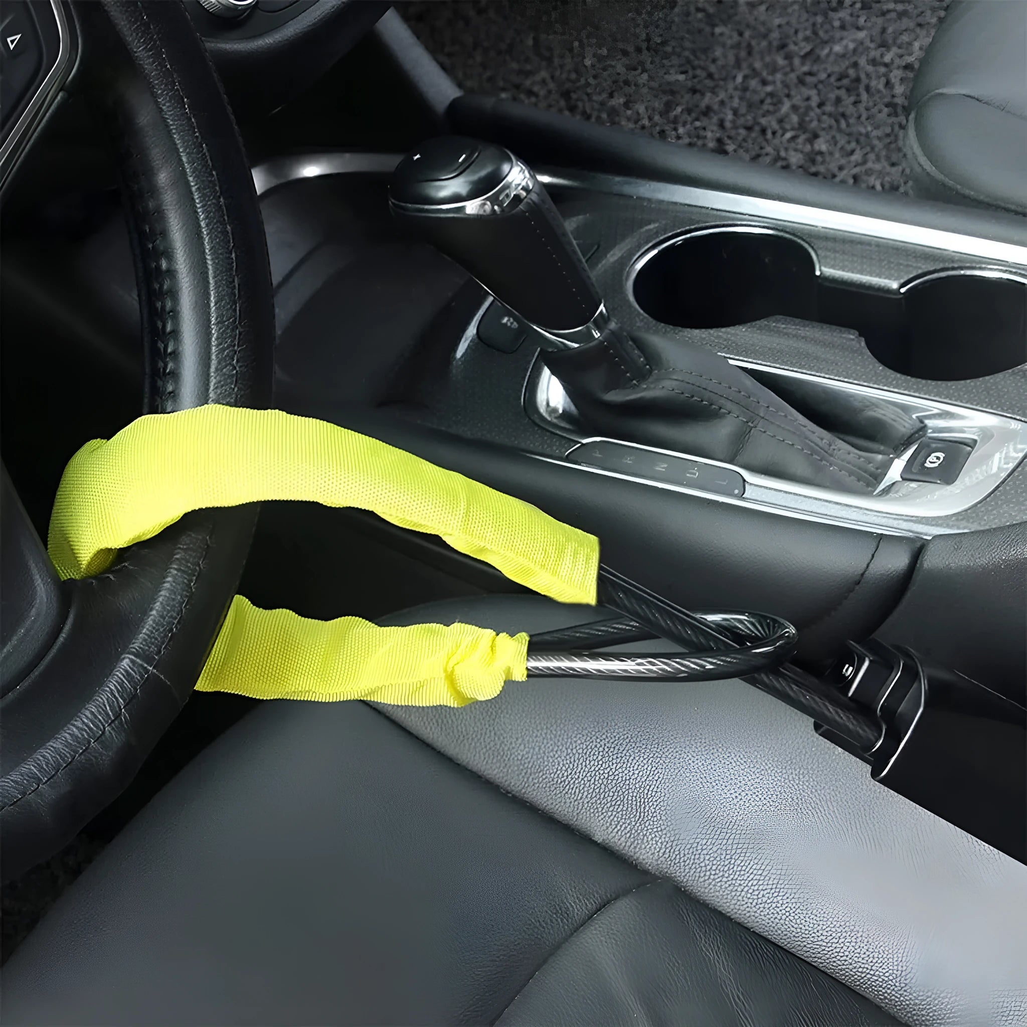 Red iron steering wheel lock with cable design for General Motors cars showing 33cm size