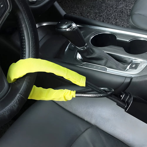 Red iron steering wheel lock with cable design for General Motors cars showing 33cm size