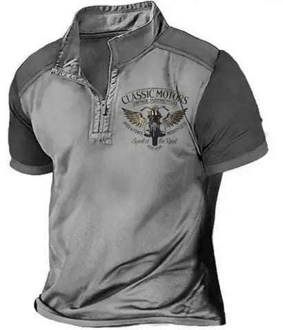Golf polo shirt with 3D printed pattern on blue bird eye cloth fabric, shown in a loose fit.