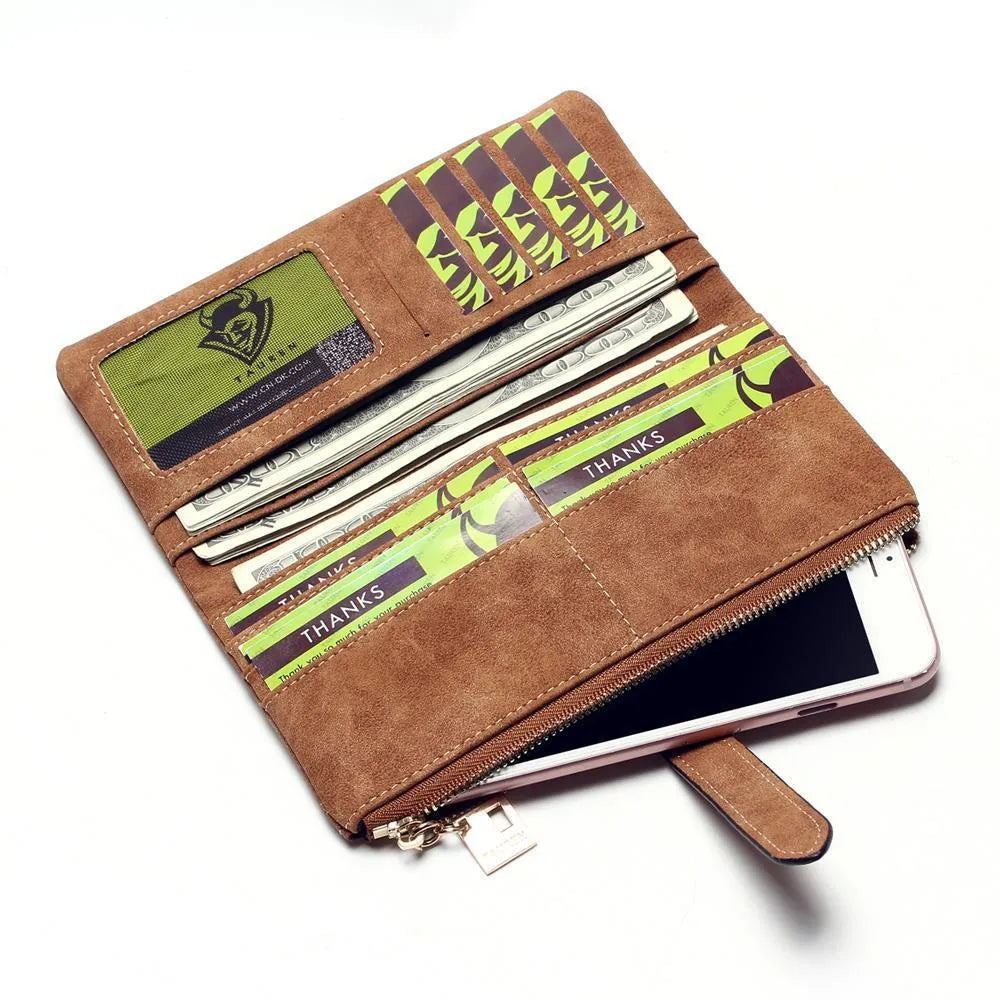 Korean retro matte Pu leather women's vertical long wallet with zip closure showing multiple card slots