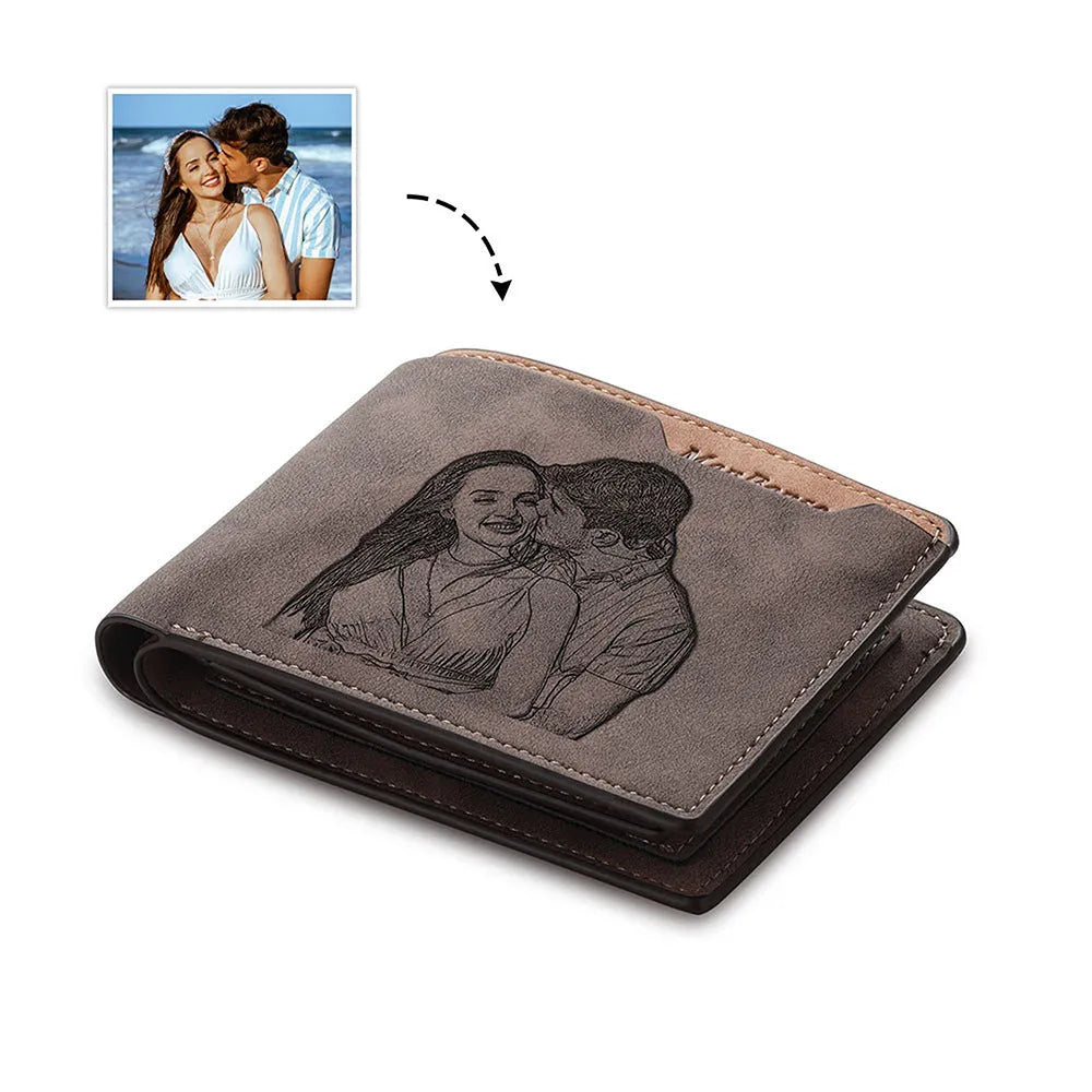 Coffee brown engraved horizontal short wallet with custom text or photo personalisation.