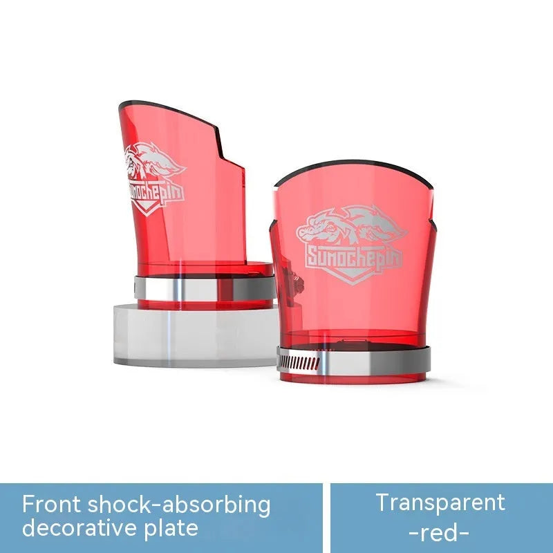 Transparent motorcycle front shock absorber protective sleeve with stainless steel clamp, shown in multiple colour options.