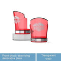Transparent motorcycle front shock absorber protective sleeve with stainless steel clamp, shown in multiple colour options.