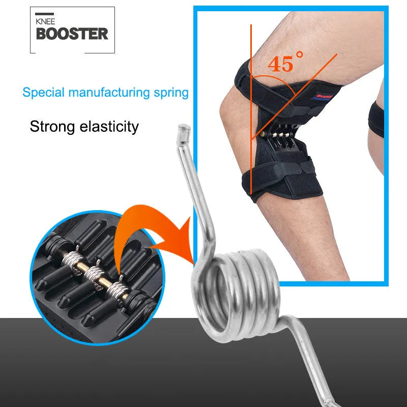 Adjustable black spring knee brace with straps and venting holes for sports support.