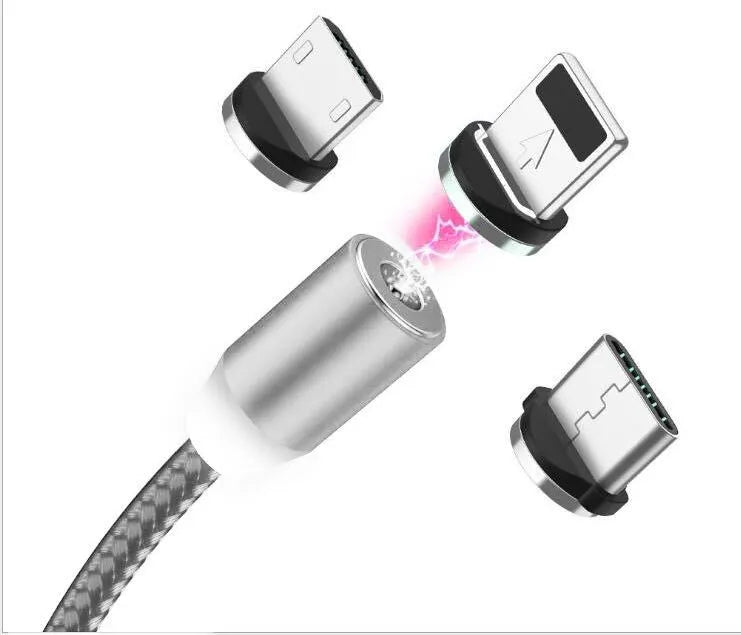 YBD black magnetic LED charging cable with cotton weave, aluminium shell, and LED light shown next to a smartphone.