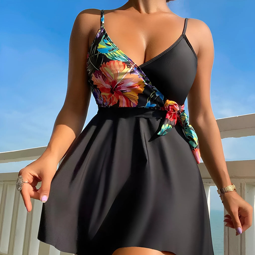 Black women's high waist briefs bikini with printed split design for sports and swimming