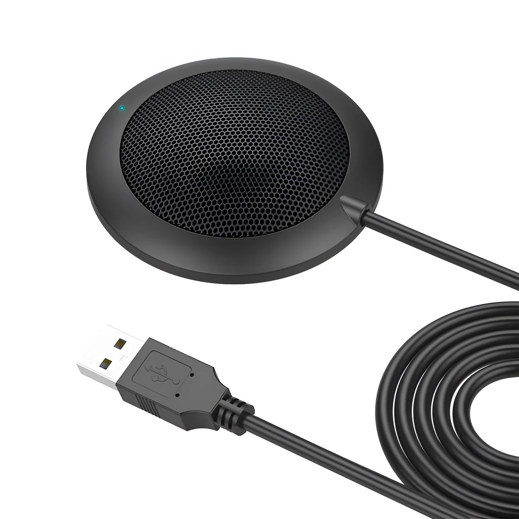 Black circular USB conference microphone with metal mesh grill on a desk