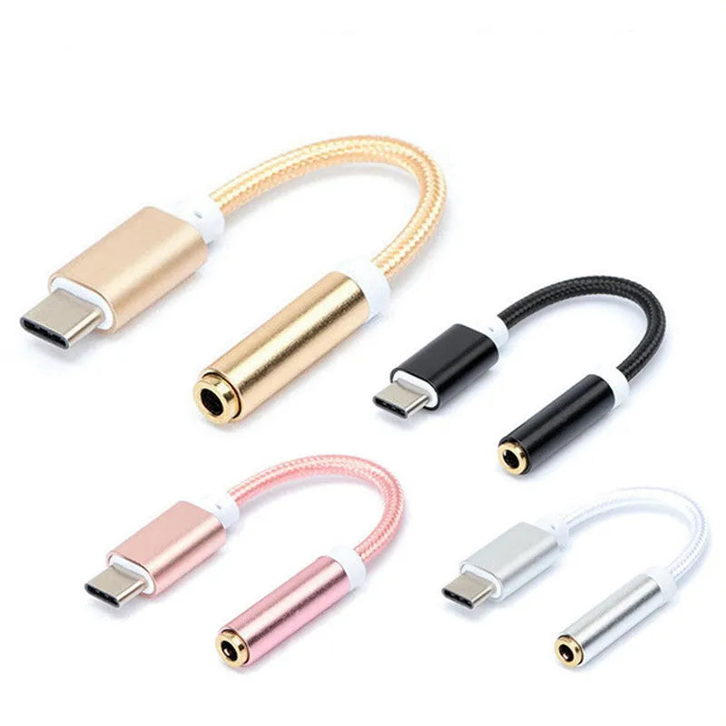 Weaving brand Type-C to 3.5mm female audio adapter cable with nylon braiding in four colour options.