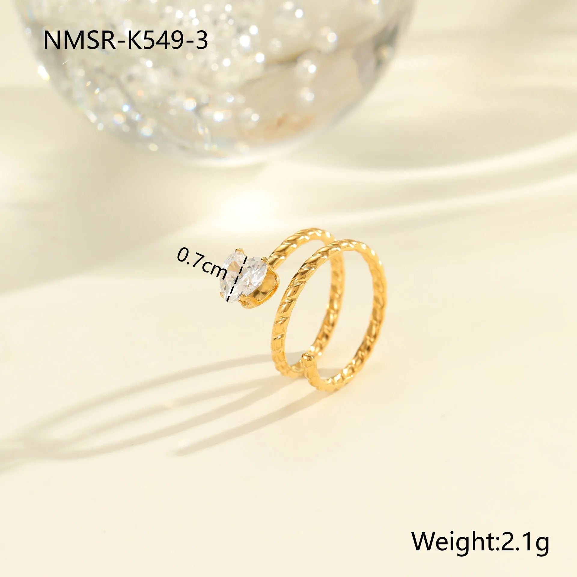 Open mouth geometric stainless steel ring with heart drop shape and gold inlaid zircon.
