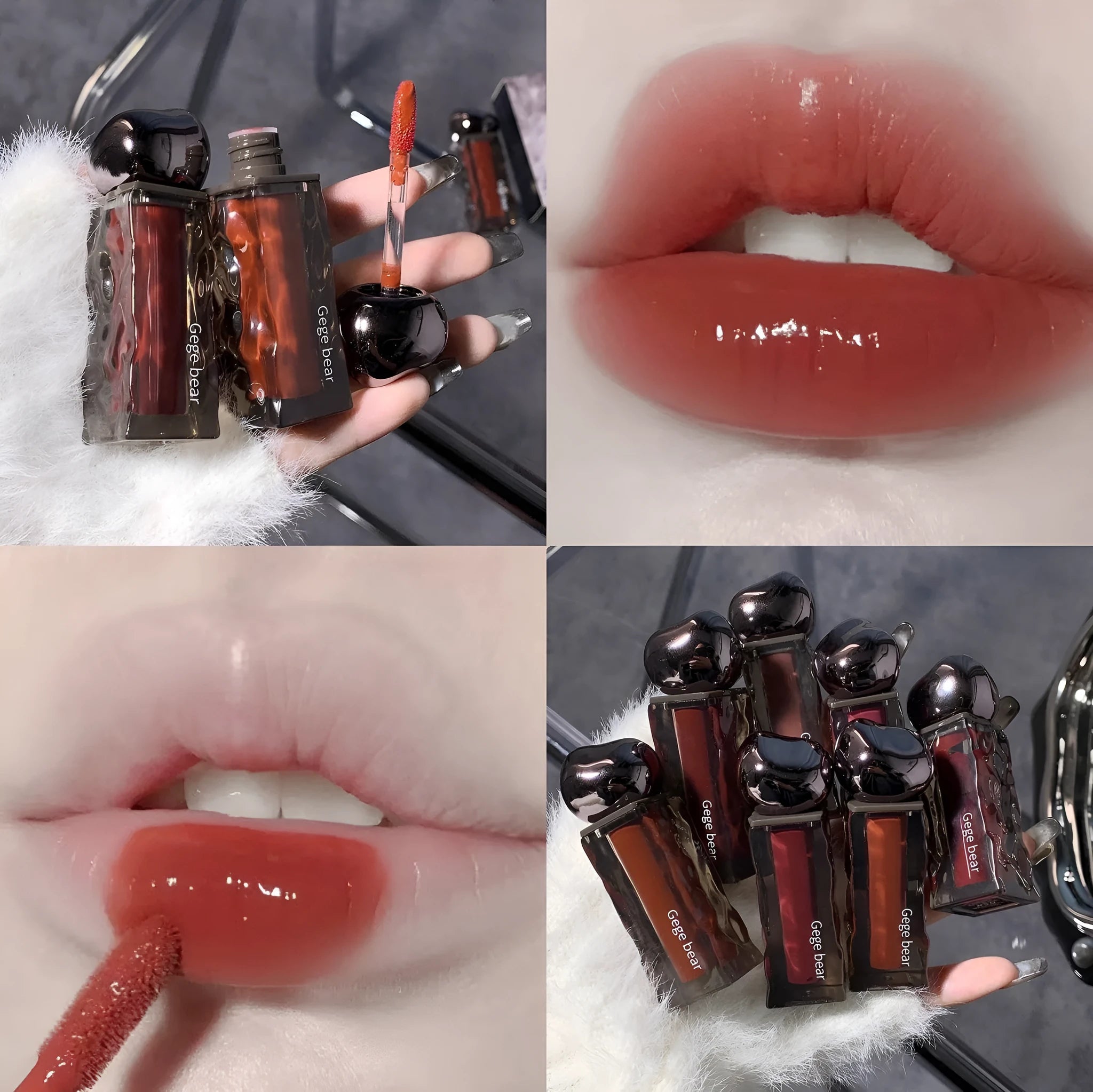 Glacier Lava Lip Lacquer lip gloss tube showcasing a high-shine, mirror finish, with visual of seven colour shade options.
