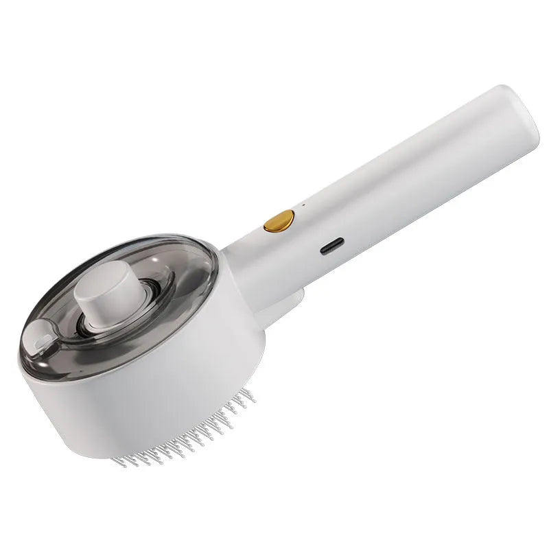 Ceramic white pet grooming brush with UVC blue light, mist spray nozzle, and fine needles for removing dog and cat hair.