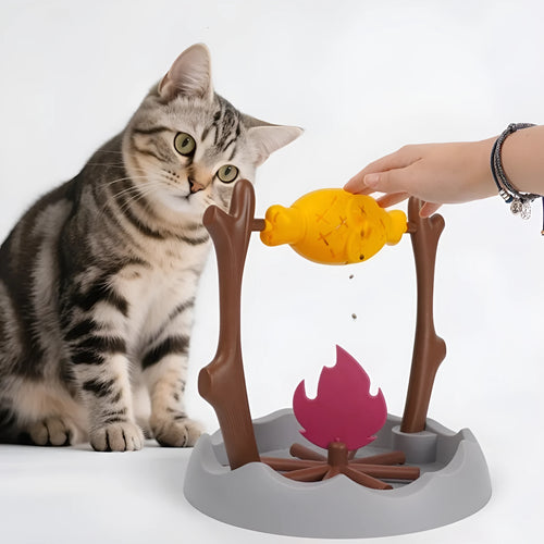 30cm cubic plastic tumbling cat food feeder toy with internal balls on a plain background
